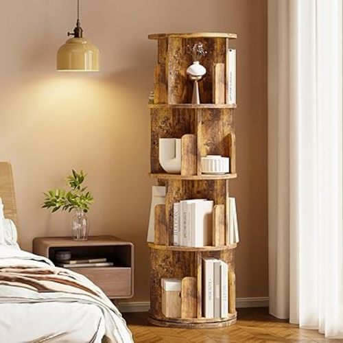 MXV Rotating Bookshelf, 360 Display 4 Tier, Small Corner Bookshelf for Small Space, Floor Standing Bookcase Storage Rack, Wood Narrow Book Shelf Organizer for Bedroom, Living Room, Brown