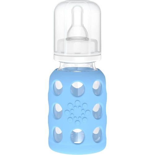 Lifefactory 4-Oz Glass Baby Bottle with Protective Silicone Sleeve and Stage 1 Nipple Sky Blue