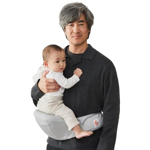 Ergobaby Lift Hip Seat Baby Carrier for Babies and Toddlers 6-48 Months (17-45 lbs) - Ergonomic Baby Carrier with Storage Pockets, Hip-Healthy Positioning - Pearl Grey