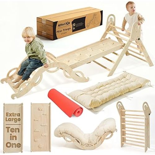 Pikler Triangle Set – 10 in 1 Foldable Montessori Indoor Climbing Toy with Yoga Mat & Cushion | Extra Large Wooden Play Set | Eco-Friendly | Ages 3+
