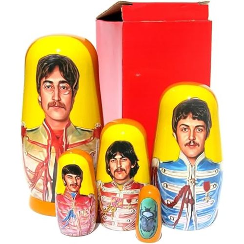 New Authentic and Original Handmade Long Lasting Collectible Beatles SGT. Pepper's Nesting Doll Featuring John on The Largest Doll, Russian Nesting Doll Set 5.75 Inches Tall with Glossy Red Gift Box