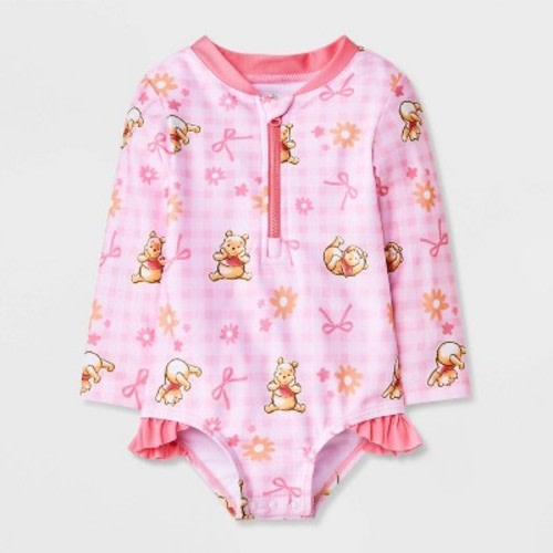Disney Baby Girls' Winnie the Pooh Bow Gingham 1pc Rash Guard Swimsuit - Light Pink 6M
