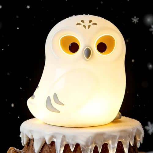 Cute White Owl Night Light for Kids, Squishy Lamp Owl Gifts, Rechargeable | Bird Bedside Nightlight, Baby Nursery College Dorm Décor, Funny Foldable Box To Display House, Safe Silicone Dimmable LED Toy