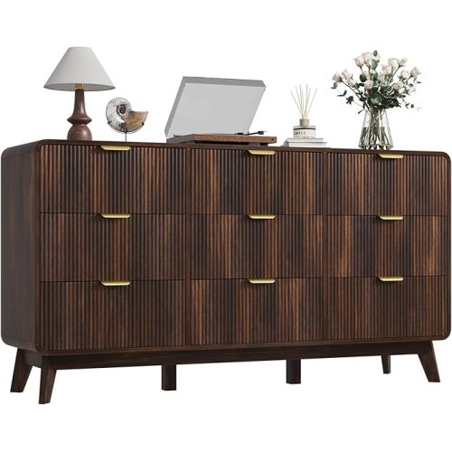 Fluted 59.1" Wide Modern Dresser for Bedroom with 9 Drawers, Tall Chest of Drawers with Metal Handle, Wooden Dresser TV Stand, Hallway, Living Room, Dark Walnut