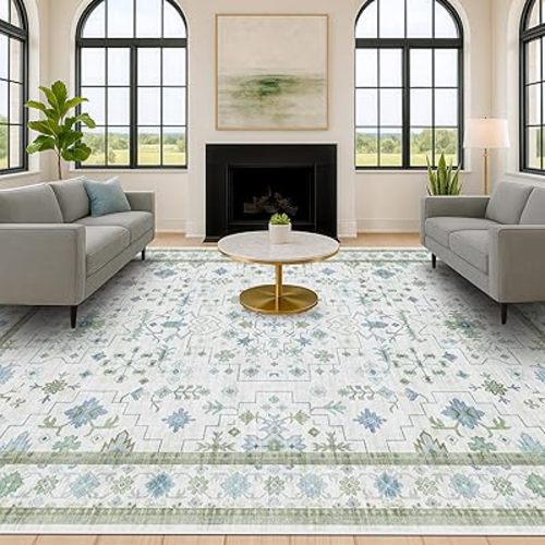 Blue and Green Living Room Rug 8x10 - Cream Oushak Vintage Boho Floral Farmhouse, Washable Low Pile Non-Slip Extra Large Area Rugs for Bedroom, Girls, Boys, Playroom, Lounge