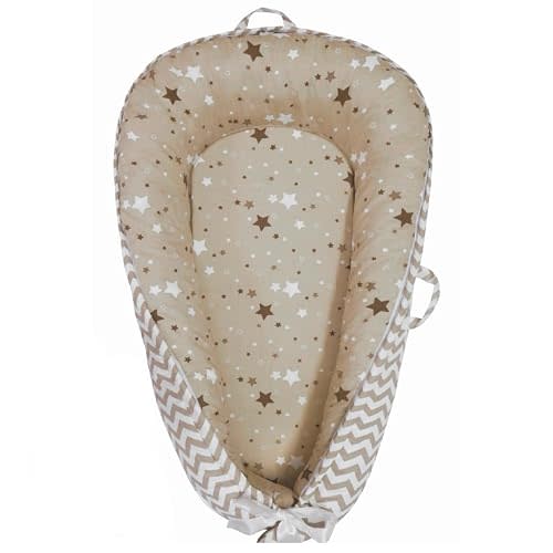 Aila+Aiden Baby Lounger | Organic Cotton Infant Lounger | Reversible, Adjustable & Portable Floor Lounger | Supervised Use | Soft, Breathable, Washable Cover- Star Collection (Tan)