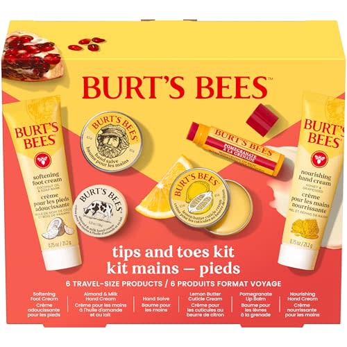 Burt's Bees Mothers Day Gifts Ideas, Tips and Toes Kit, 6 Travel Size Products - Pomegranate Moisturizing Lip Balm, 2 Hand Creams, Foot Cream, Cuticle Cream, and Hand Salve
