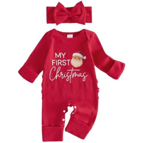 My First Christmas Baby Girl Outfit Long Sleeve Romper Headband