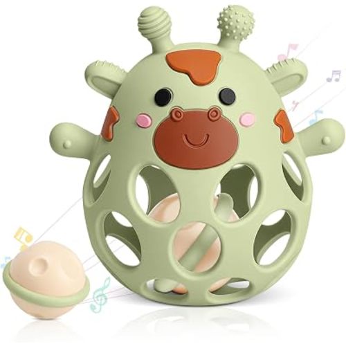 2-in-1 Baby Teething Rattle Toys, Silicone Teethers for 3-6 6-12 Months