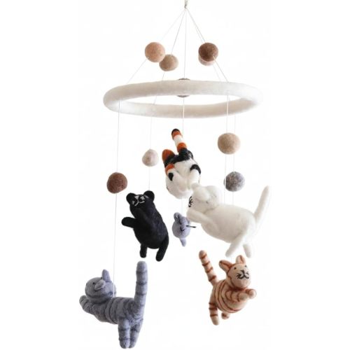 Handmade Felt Cat Nursery Mobile, Cat Crib Mobile for Boys & Girls, Boho Nursery Decor, Natural Wool Cat Hanging Mobile, Unique Baby Shower Gift, Fair Trade & Handcrafted in Nepal
