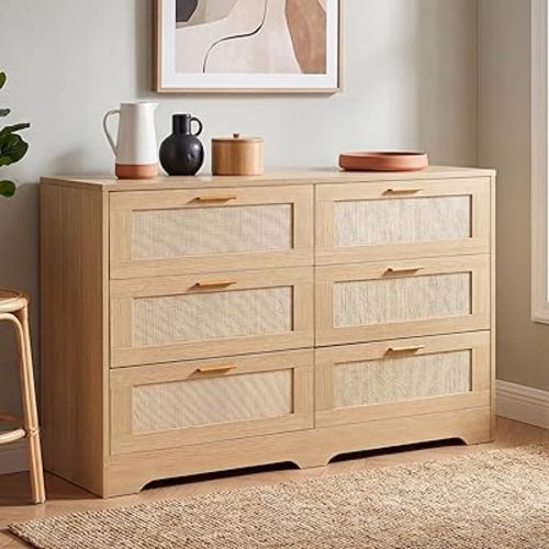 Dresser for Bedroom 6 Drawer Dresser Bedroom Furniture Storage for Bedroom Living Room Hallway, High Weight Capacity 300lbs, Imitation Rattan Weave with Gold Handles
