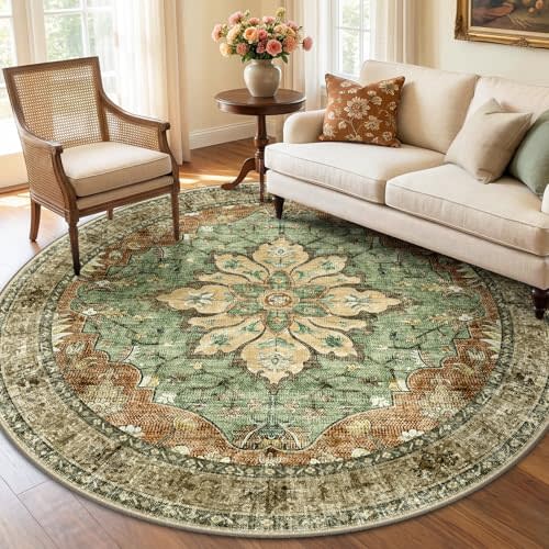RELEANY Area Rugs Round 6ft Washable Non-Slip, Floral Vintage Distress Print Pattern Medallion Carpet for Living Room Bedroom Dining Room, Brick Red Rust Neutral Brown Burnt Orange Green