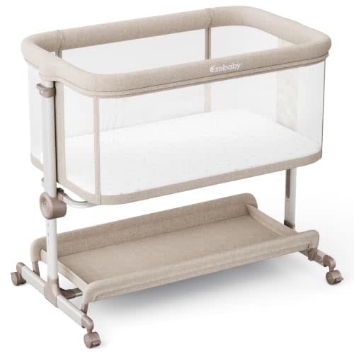 Ezebaby 3-in-1 Baby Bassinet Bedside Sleeper with Wheels, 7 Height Settings | 7 Height Adjustments, All-Mesh Sides, Mattress & Breathable Sheet, Bedside Crib with Lockable Wheels for Newborns