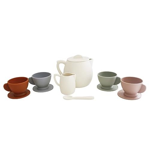 Marlowe & Co Silicone Tea Play Set for Children, 12 Piece Dishwasher Safe Tea Gift Set for Toddlers (Cream Multi Mix)