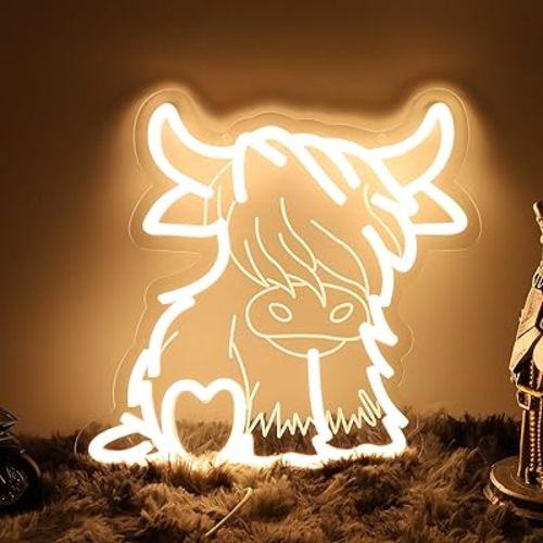 Highland Cow Neon Sign, Cute LED Neon Light Sign for Wall Decor, Highland Cow LED Neon Light Sign for Bedroom, Living Room, Kids Room, Gift Neon Sign for Birthday Highland Cow Party Decorations