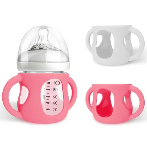 Silicone Sleeves for Avent Natural Glass Baby Bottles, BPA Free, Anti Breakage Baby Bottle Holder with Handles (Pink + White, 4 Ounce)