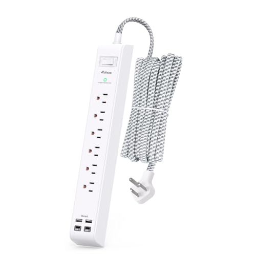 Surge Protector Power Strip 10 ft with 4 USB Ports 2 USB-C 6 AC Outlets, Flat Plug Extension Cord, USB Charging Station, Wall Mountable for Home, Office, Dorm Essentials, 1080J, ETL Listed