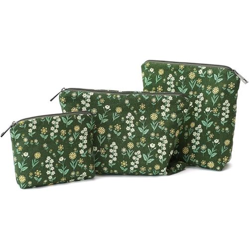 Small Cosmetic Bag Set of 3 for Purse, Green Floral Cotton Makeup Pouch Set, 3 Sizes Zipper Organizer for Travel & Toiletries, Gift for Her Birthday, Bridesmaid & Best Friend