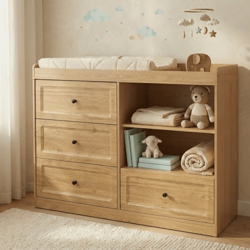 Axioo Changing Table Dresser,4-Drawer Nursery Dresser with 2 Adjustable Shelves,Baby Diaper Changing Station,Natural Wood