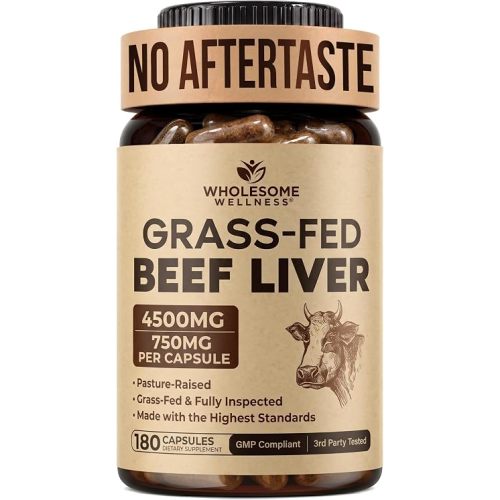 Wholesome Wellness Grass Fed Desiccated Beef Liver Capsules (180 Pills, 750mg Each) - Natural Iron, Vitamin A, B12 for Energy - Raised Undefatted in New Zealand Without Hormones or Chemicals