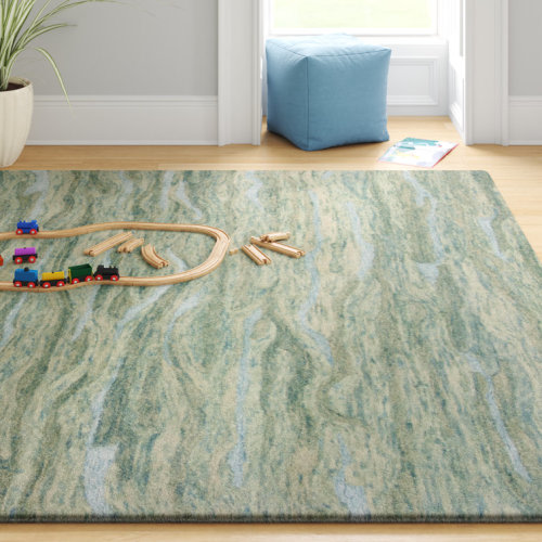 Devizes Haven Seafoam Wave Striped Handmade Wool Tufted Area Rug