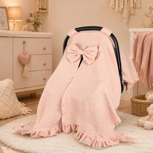 Hooyax Muslin Baby Girl Car Seat Cover – Breathable Summer Car Seat Canopy with Removable Bow & Ruffle, Multi-Functional Stroller Cover & Baby Blanket, Sun Protection, Princess Baby Shower Gift(Pink)