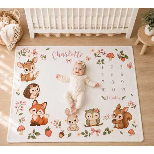 Personalized Baby Milestone Blanket Woodland Girl Baby Blanket Monthly Milestone Photo Blanket Custom Name Nursery Gift Baby Shower Gift