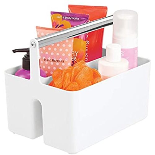 mDesign Plastic Portable Storage Organizer Utility Caddy Tote, Divided Basket Bin - Metal Handle for Bathroom, Dorm, Holds Hand Soap, Body Wash, Shampoo, Conditioner, Lotion - White/Chrome