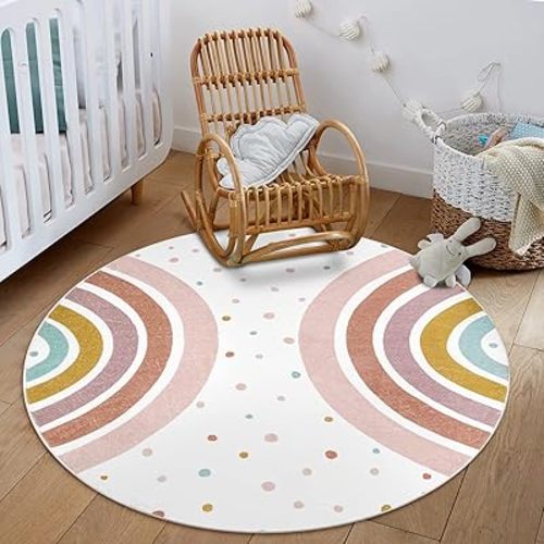 STARUIA Colorful Round Rug for Nursery, 4 Ft Rainbow Washable Rug for Playroom, Boho Kids Rug Non-Slip Soft Bedroom Carpet for Classroom Teepee Princess Castle