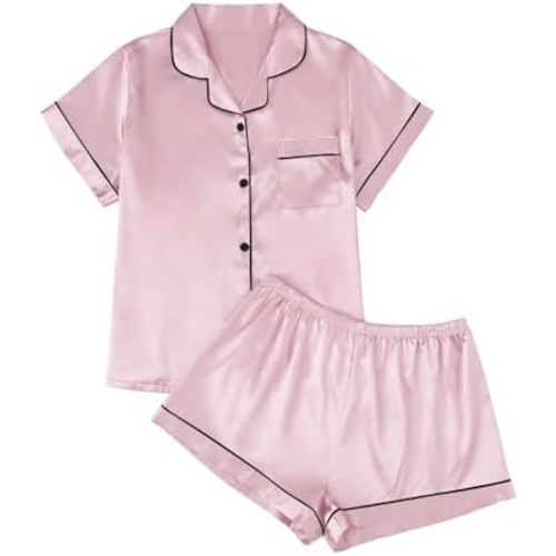 LILLUSORY Silk Satin Pajama Set for Women 2 Piece Lounge Pjs Winter Matching Summer Sleepwear Button Down Shirt Shorts