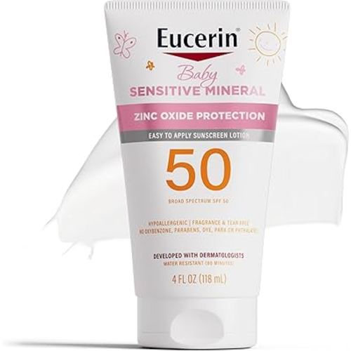 Eucerin Sun Sensitive Mineral Baby Sunscreen Lotion SPF 50 with Zinc Oxide Protection, Hypoallergenic Mineral Sunscreen for Babies, Tear Free and Fragrance Free, 4 Fl Oz Tube