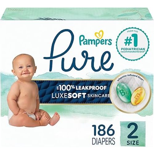 Pampers Pure Baby Diapers, Size 2 (12-18 lbs), 186, Up to 100% Leakproof, Premium Hypoallergenic Soft Diapers