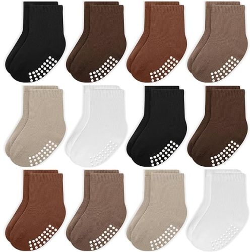 Baby Toddlers Crew Socks with Non-Slip Grip 12 Pack Cotton Stretch Socks