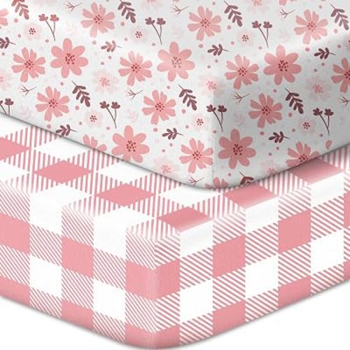Baby Crib Sheets 2 Pack for Boys and Girls, Soft Microfiber Breathable Baby Sheet, Fits Standard Crib Toddler Mattress 28x52x8in(Floral & Pink Plaid)