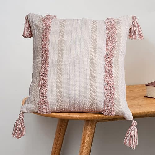 Boho Pink Pillow Covers 20x20 Inch Tufted Tassel Square Throw