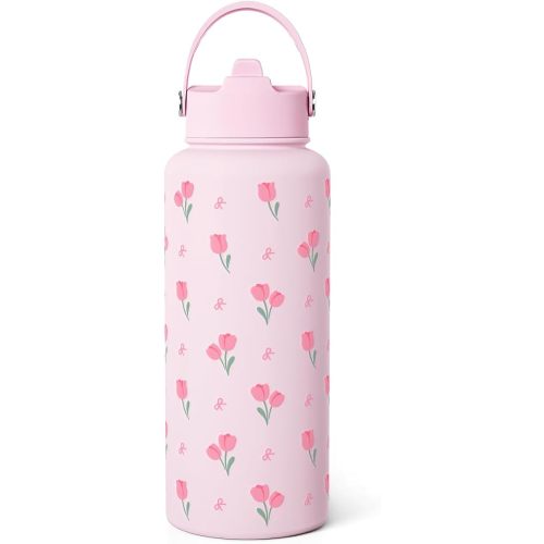 Floral Water Bottle 32oz Stainless Steel with Lid, Tulip Insulated Bottles for Women Girls, Gifts Ideas for Birthday Christmas