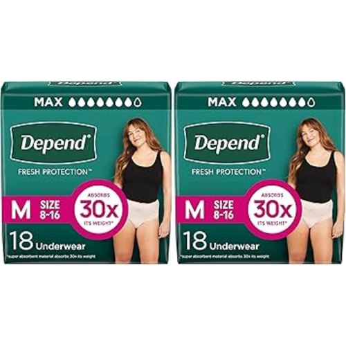 Depend FIT-Flex Incontinence Underwear for Women, Disposable, Maximum Absorbency, Medium, Blush, 18 Count (Pack of 2)