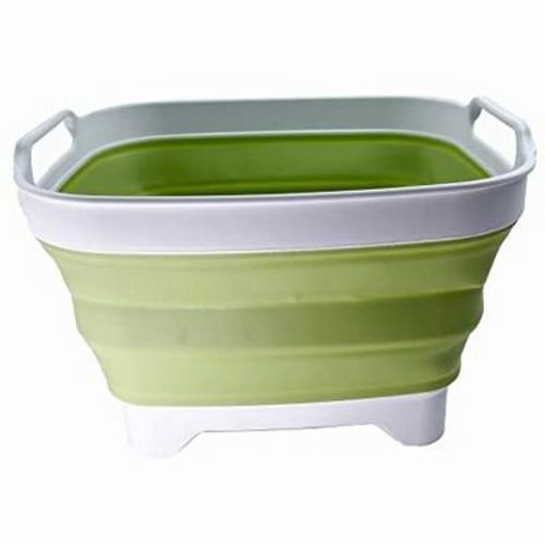 SAMMART 7.5L (2 gallons) Collapsible Plastic Dishpan with Draining Plug, White/Olive Green