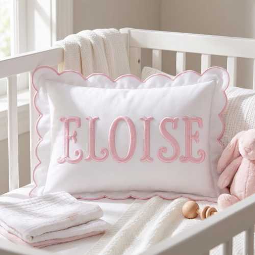 Personalized Embroidered Name Pillow, Custom Baby Name Pillow, Scalloped Nursery Pillow, Baby Girl Boy Room Decor, Baby Shower Gift