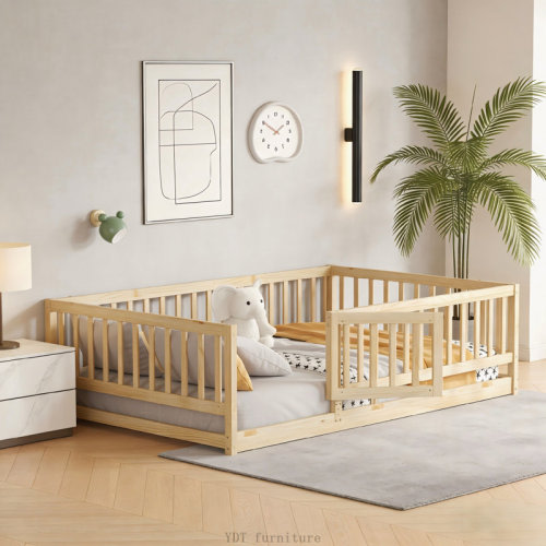 Latitude Run® Oak Full Montessori Floor Bed with Fence and Door | Wayfair