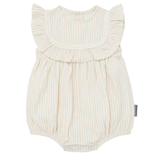 Baby Girls Light Taupe Stripe Ruffle Bubble Romper – 6-9m