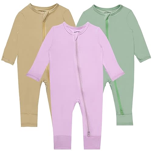 GUISBY Baby Pajamas with Mitten Cuffs - 3Pcs Girls Boys 2 Way Zipper Long Sleeve Rayon Sleepers