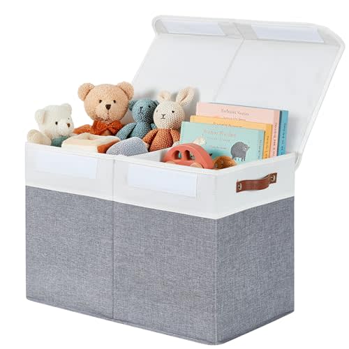 DECOMOMO Large Toy Storage Box, Toy Storage Bins with Lid (Grey & White) | 25" x 12" x 16" Toy Chest Storage, Sturdy Collapsible Kids Toy Storage, Baby Storage Organizer for Kids, Playroom, Nursery