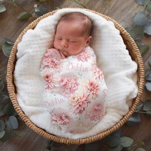 Personalized Dahlia Swaddle, Hat, Headband, Baby Girl, Shower Gift, Pink Flowers and Eucalyptus, Newborn Photos, Keepsake, Dahlia Collection