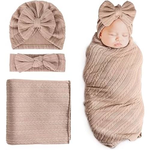 DRESHOW BQUBO Newborn Receiving Blanket Toddler Warm for Girls with Bow Hat and Bow Headband Shower Gift
