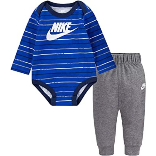 Nike Boy`s Striped Bodysuit & Pants 2 Piece Set (Blue(5MH032-GEH)/Grey, 6 Months)