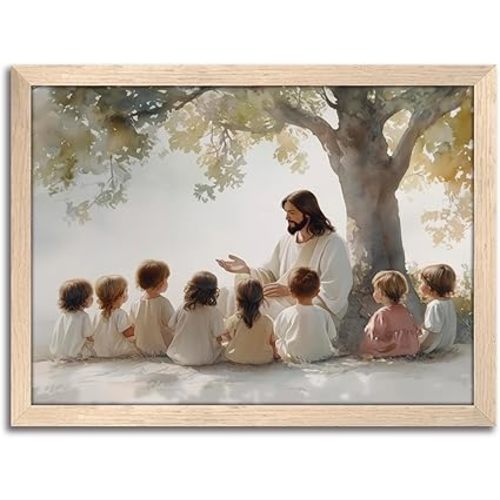 Jesus With Children Wall Art, Christian Jesus Teaching Kids Wall Decor Paintings, Religious Bible Canvas Print Pictures for Nursery Kids Room Prayer Room Home Decor Wood Framed 8x10 Inch
