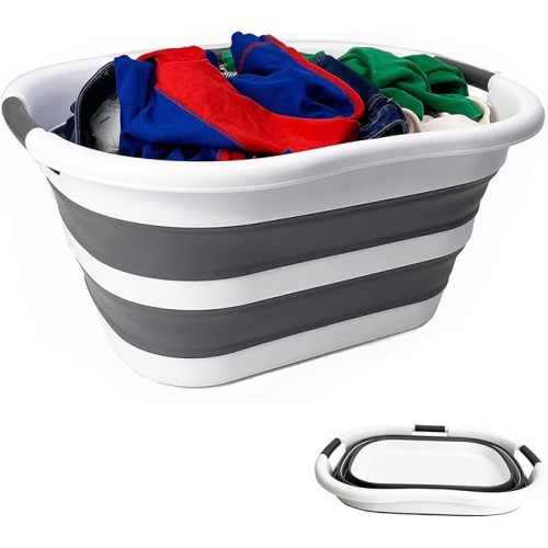 SAMMART 40L (10.5 gallon) Plastic Foldable Laundry Basket/Tub - Collapsible, Space Saving and Portable Laundry Hamper, Ideal for Home, Travel, Dorm, and Camping (1, White/Steel Gray)