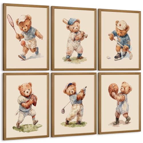 Nursery Bear Wall Art Boy Sports Canvas Wall Decor Baby Nursery Prints Vintage Teddy Bear Poster Boy Room Wall Art Kids Animal Pictures Painting for Bedroom Playroom 8x10 Inch Wood Framed Set of 6