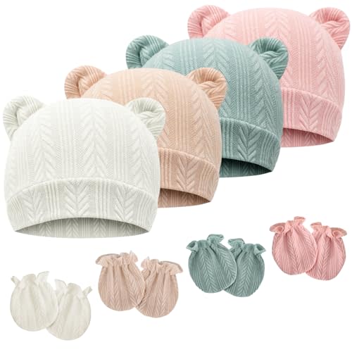 Newborn Baby Hat and Mittens Set Bear Ears Toddler Infant Beanie Caps Newborn Hospital Hat for Baby Boy Girl 0-3 Months